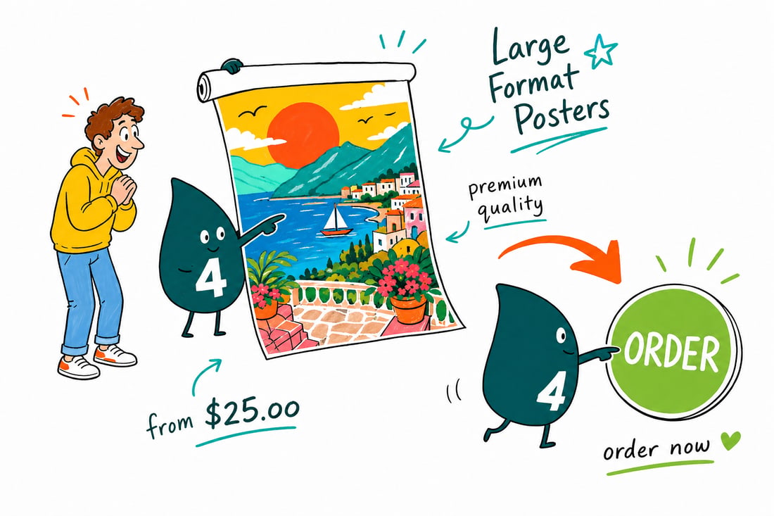 Wally the 4OVER4 mascot unrolling a large format poster priced from $25 in front of a retail window display, teal hand-drawn line art.