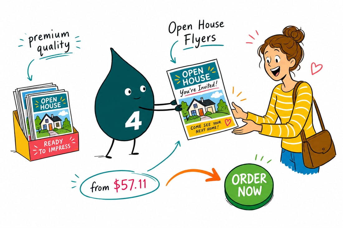 Wally the 4OVER4 mascot handing an open house flyer with a house photo and address, priced from $39.54 for 50, to a buyer at a property, teal hand-drawn line art.