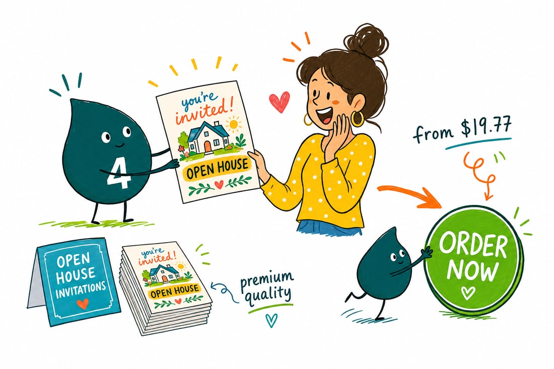 Wally the 4OVER4 mascot handing an open house invitation card, priced at $19.77 for 25, to a smiling visitor at a front door, teal hand-drawn line art.