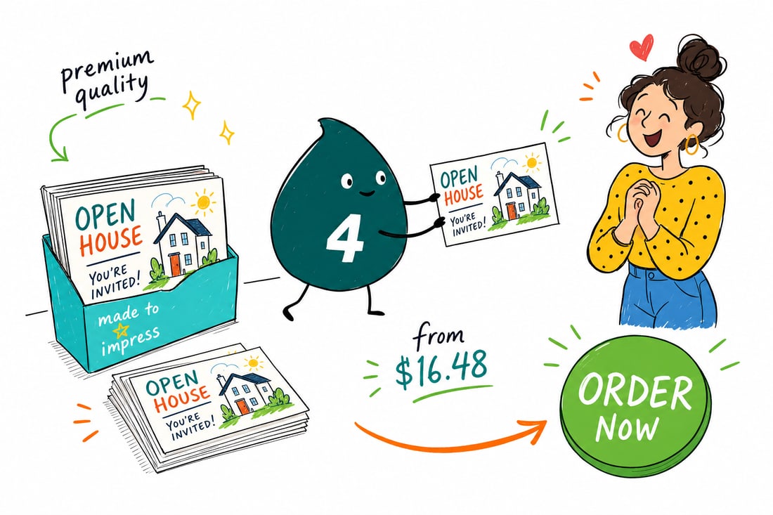 Wally the 4OVER4 mascot handing an open house postcard, priced at $16.48 for 50, to a homeowner outside a house with an open house sign, teal hand-drawn line art.