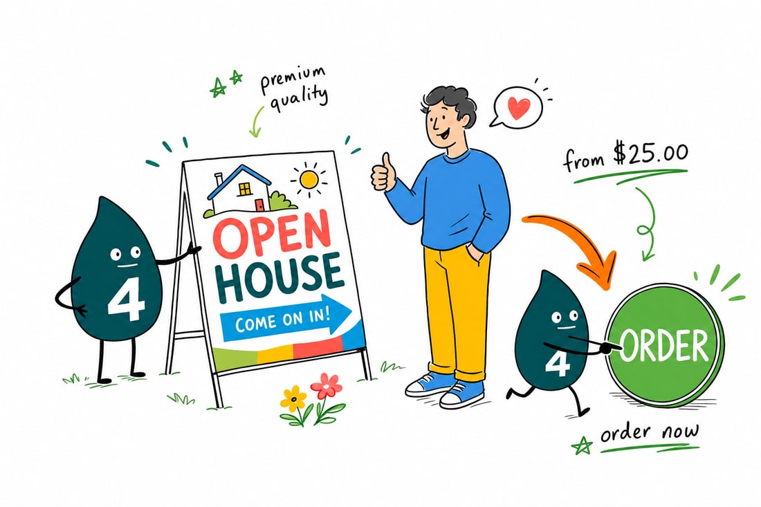 Wally the 4OVER4 mascot planting a white coroplast open house sign with a bold arrow into a green lawn, teal hand-drawn line art.