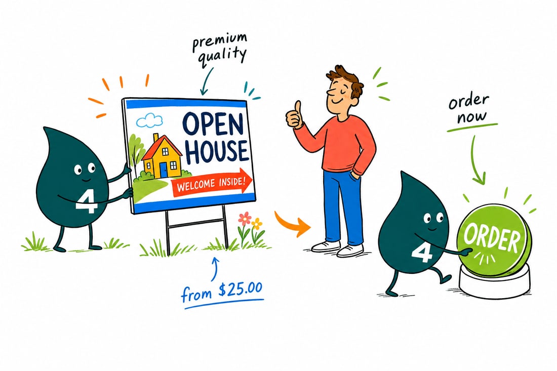 Wally the 4OVER4 mascot pushing a metal H-stake into a green lawn to hold an open house yard sign that reads OPEN HOUSE, teal hand-drawn line art.