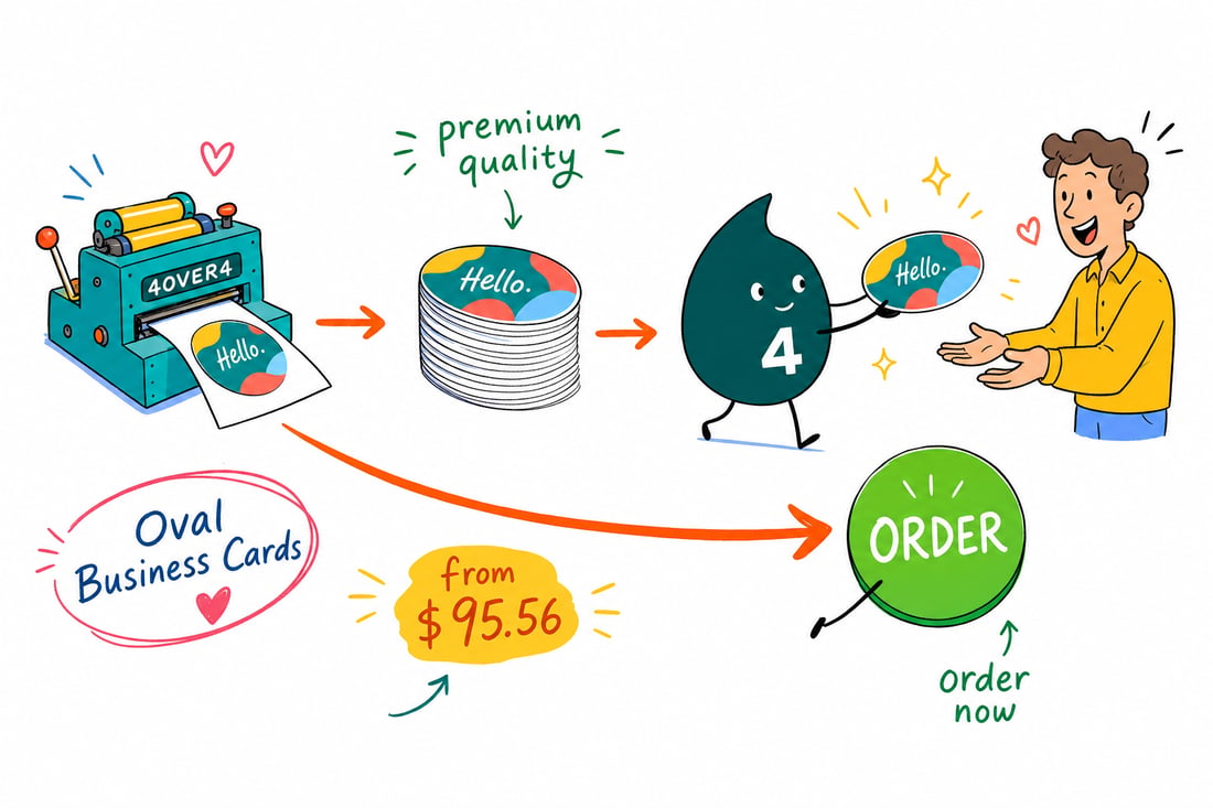 Wally the 4OVER4 mascot handing a die-cut oval business card, priced at $95.56 for 50, across a counter to a happy customer, teal hand-drawn line art.