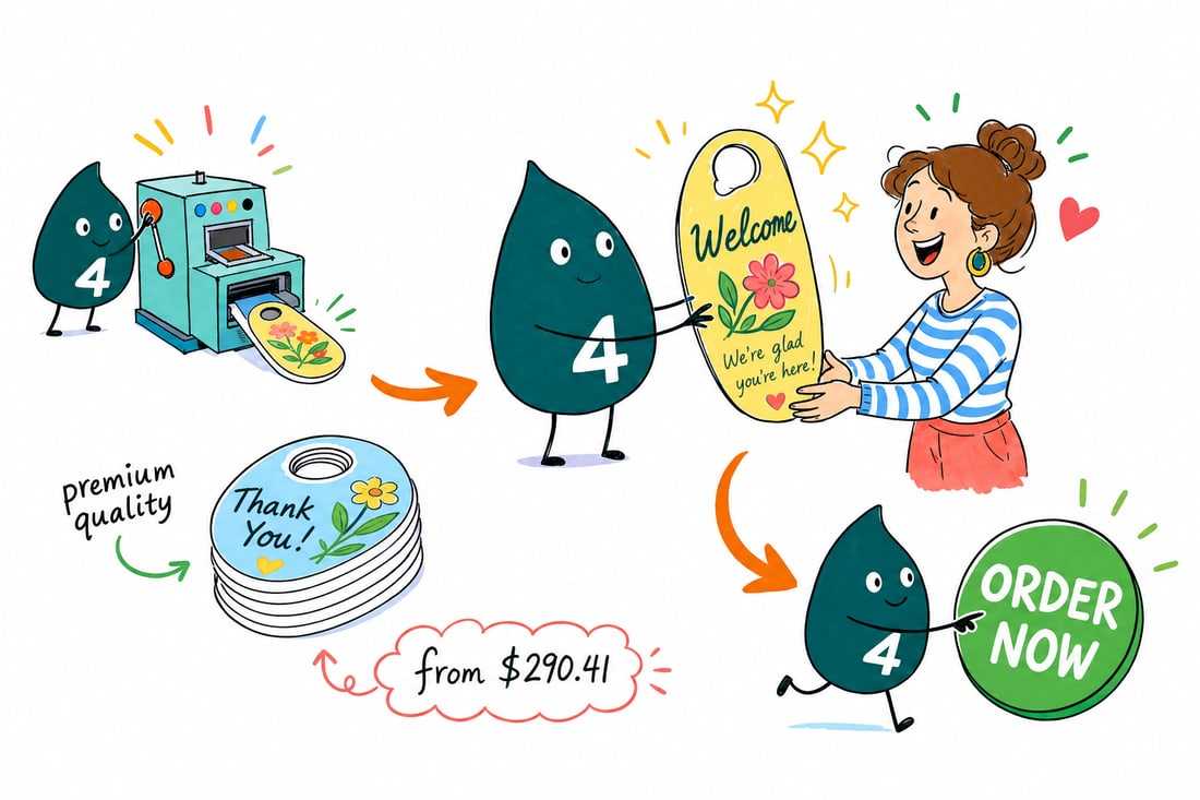 Wally the 4OVER4 mascot hanging an oval die-cut door hanger with a tear-off coupon on a front doorknob, teal hand-drawn line art.