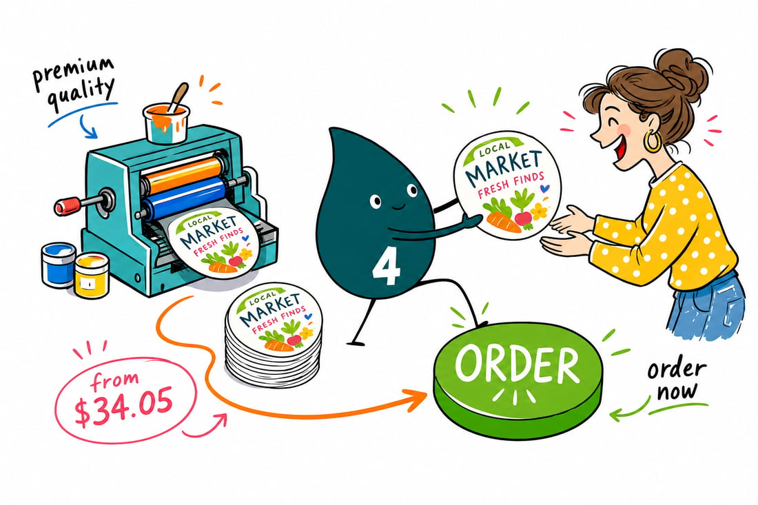Wally the 4OVER4 mascot handing a 4x6 die-cut oval flyer, printed full color, across a counter to a happy customer, teal hand-drawn line art.