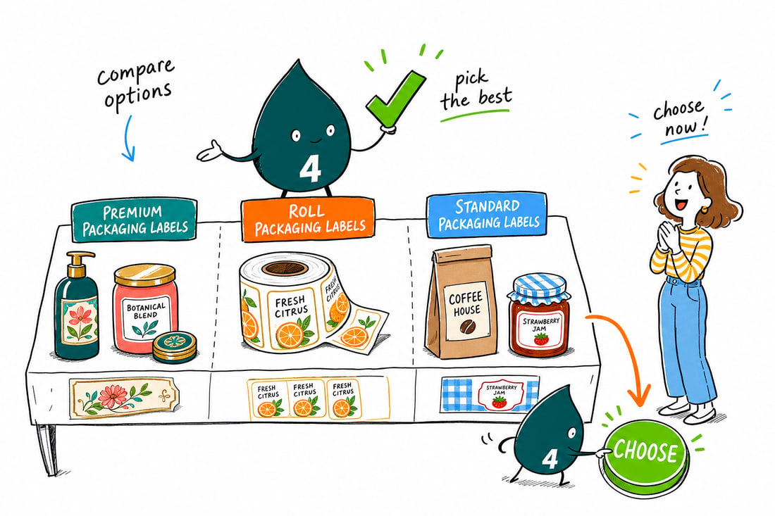 Wally compares Packaging Labels options side by side at 4OVER4.COM