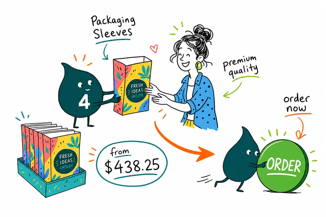 Wally the 4OVER4 mascot sliding a printed 5 by 5 inch diecut packaging sleeve, priced at $438.25 for 100, over a disc for a happy customer, teal hand-drawn line art.