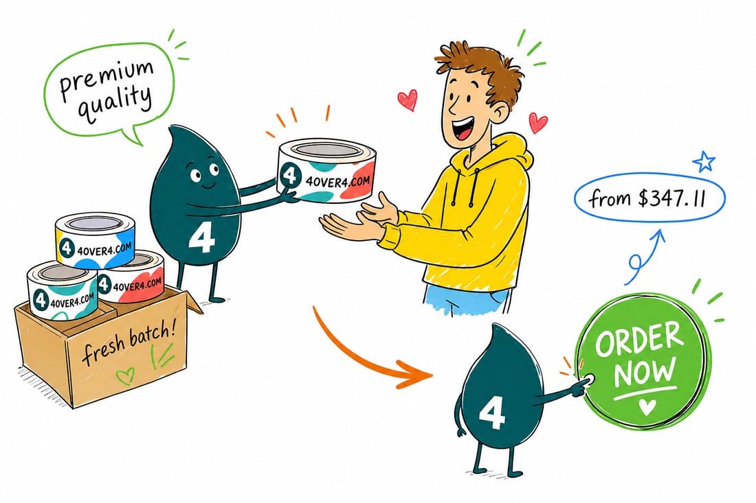 Wally the 4OVER4 mascot sealing a shipping box with custom printed packaging tape that shows a bold logo across the seam, teal hand-drawn line art.