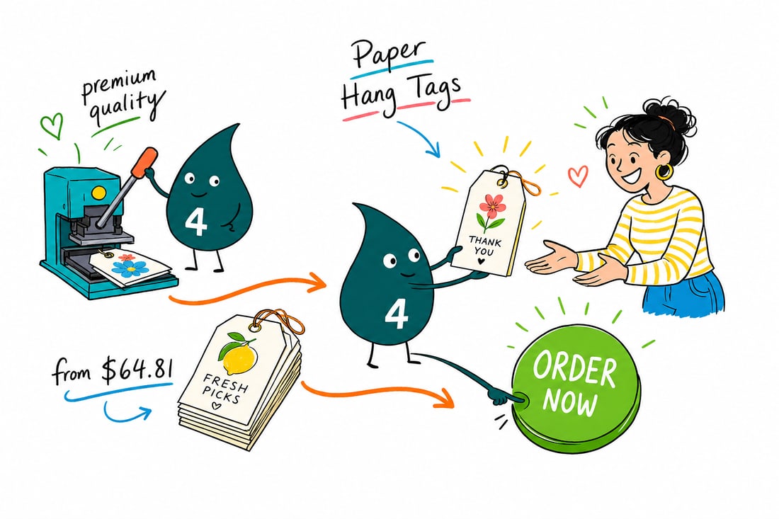 Wally the 4OVER4 mascot tying a paper hang tag with twine onto a boutique product, priced at $25.27 for 50, teal hand-drawn line art.