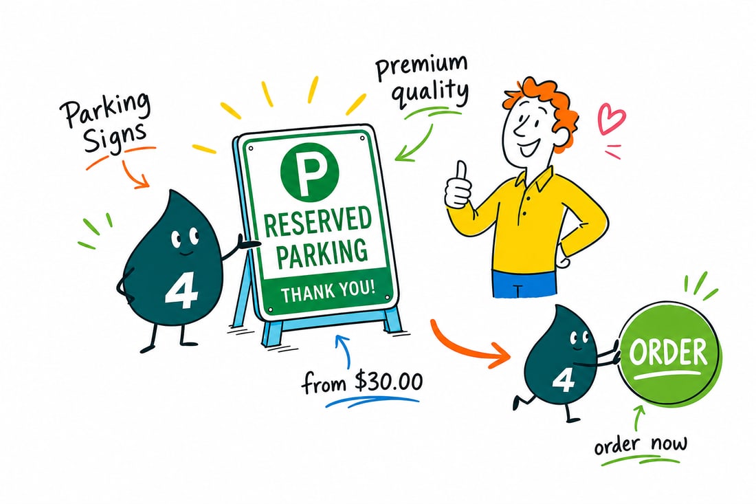 Wally the 4OVER4 mascot bolting a $30 reserved-parking aluminum sign onto a post in a sunny parking lot, teal hand-drawn line art.