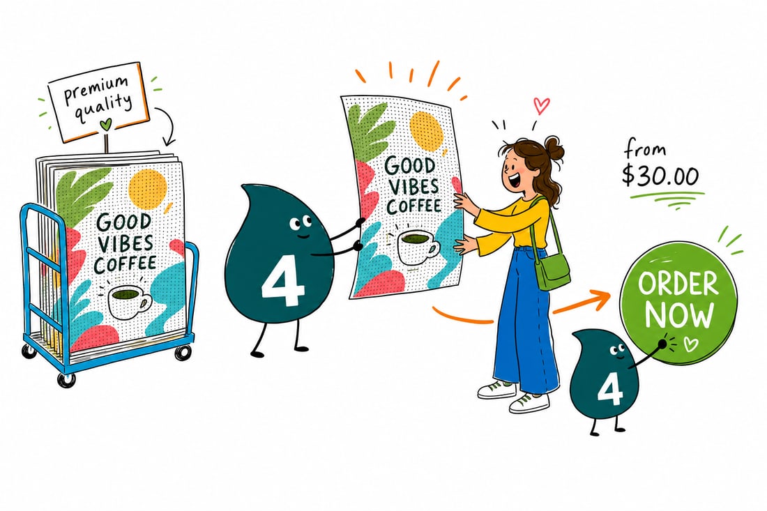 Wally the 4OVER4 mascot pressing a printed perforated window vinyl graphic onto a storefront window, showing a full-color image outside and a see-through view from inside, teal hand-drawn line art.