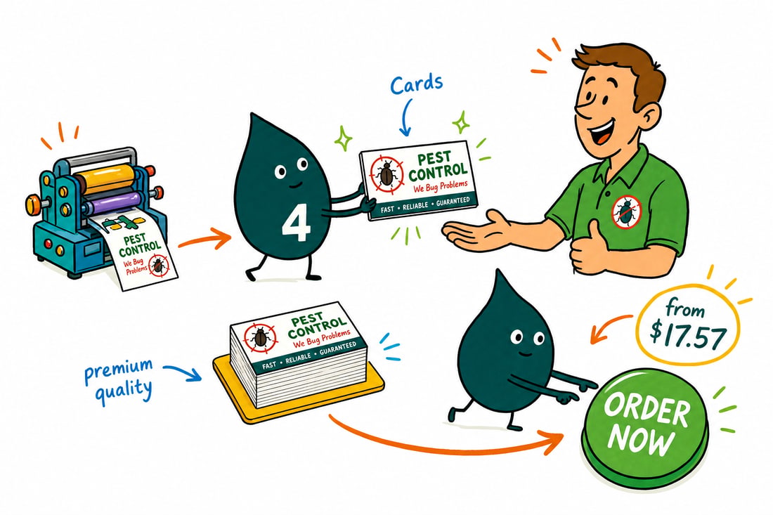 Wally the 4OVER4 mascot handing a durable pest control business card, priced at $17.57 for 100, to a technician at a customer's door, teal hand-drawn line art.