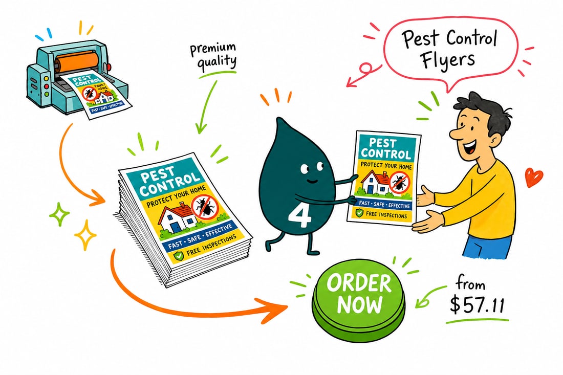 Wally the 4OVER4 mascot handing a full-color pest control flyer, priced from $39.54 for 50, to a homeowner at the door, teal hand-drawn line art.