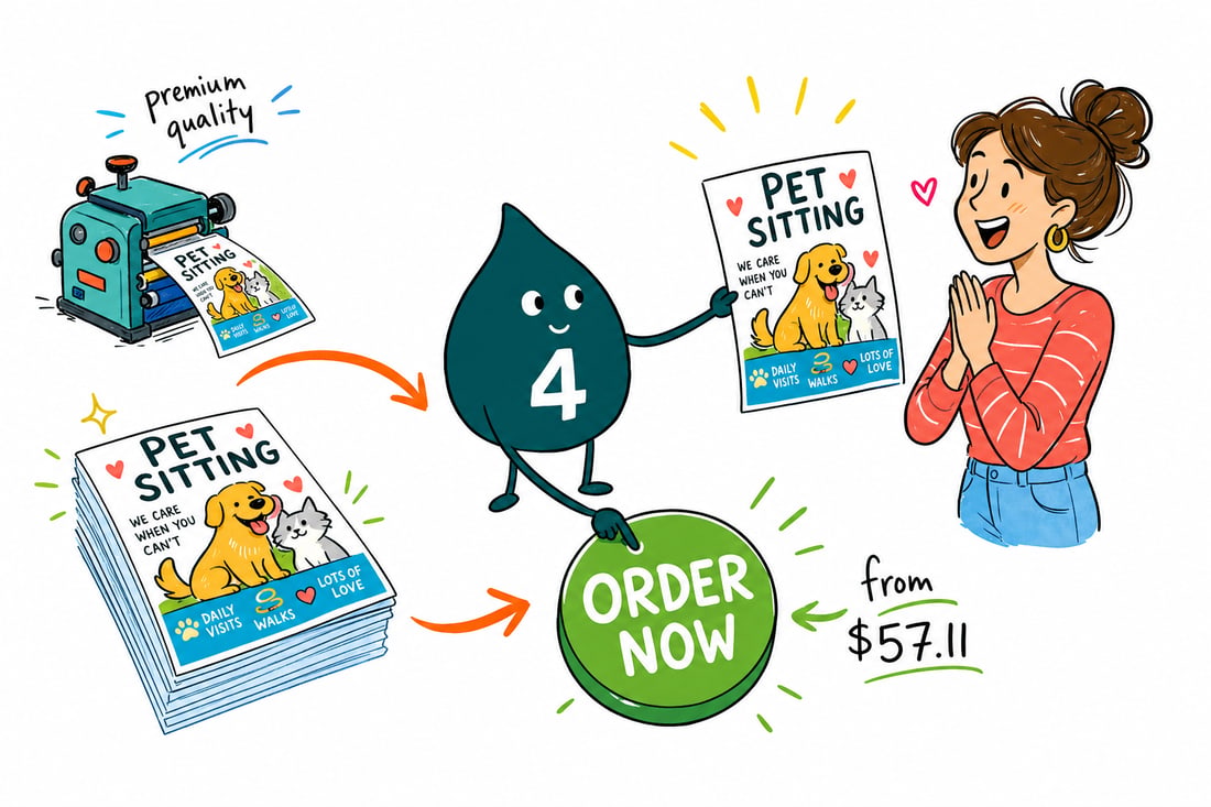 Wally the 4OVER4 mascot handing a pet sitting flyer, priced at $39.54 for 50, to a dog owner at a park, teal hand-drawn line art.
