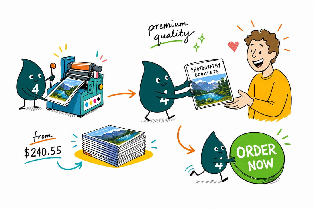Wally the 4OVER4 mascot handing an open square photography booklet, priced from $240.55 for 25, across a studio table to a happy photographer, teal hand-drawn line art.