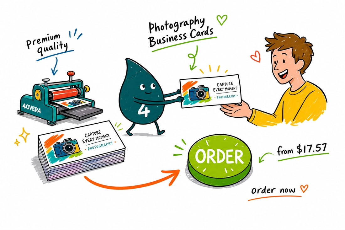 Wally the 4OVER4 mascot handing a glossy photography business card, priced at $17.57 for 100, with a bright photo across the back, to a photographer, teal hand-drawn line art.
