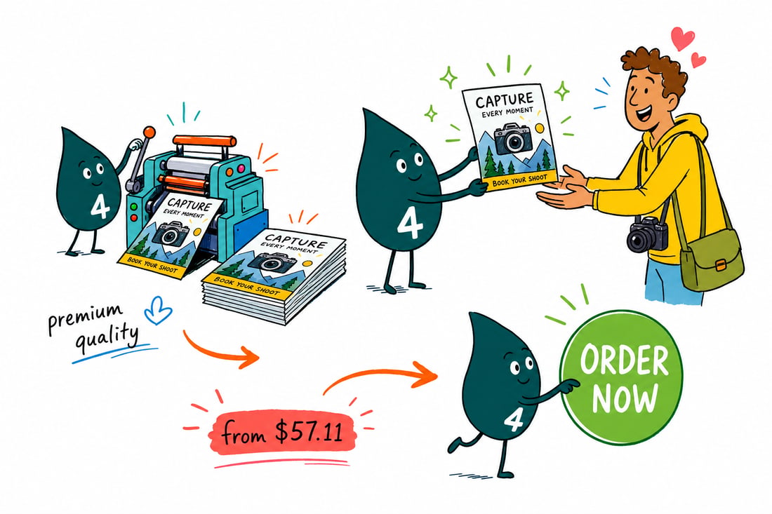 Wally the 4OVER4 mascot handing a full-color photography flyer, priced at $39.54 for 50, to a smiling photographer, teal hand-drawn line art.