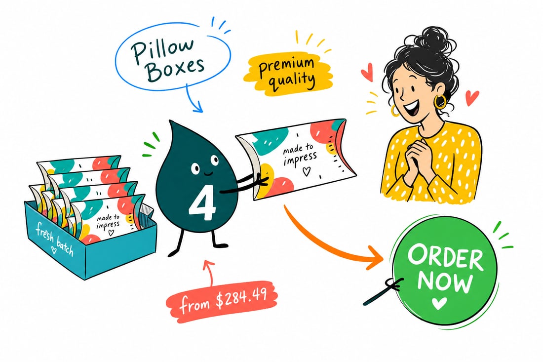 Wally the 4OVER4 mascot folding a curved pillow box, printed full color on the front, and tucking the ends closed to hand it to a happy customer, teal hand-drawn line art.