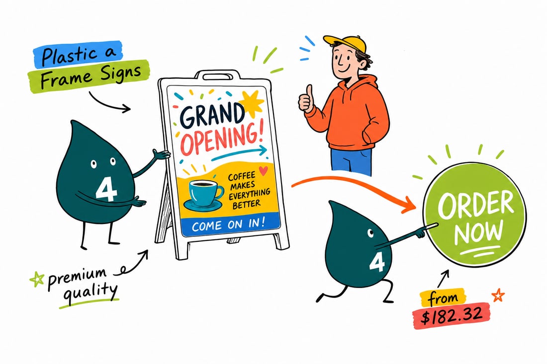 Wally the 4OVER4 mascot standing a white plastic A-frame sign on a sidewalk, one printed 24 by 36 inch corrugated plastic sign facing each way, priced from $182.32, teal hand-drawn line art.