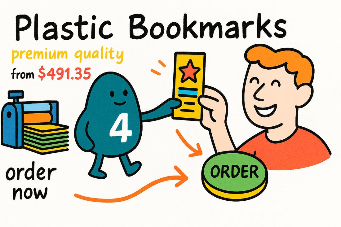 Wally the 4OVER4 mascot holding a clear plastic bookmark up to the light, teal hand-drawn line art, waterproof rigid vinyl, priced from $491.35 for 250.