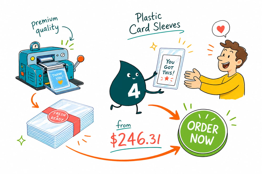 Wally the 4OVER4 mascot sliding a plastic gift card into a printed 2.375 by 3.5 inch card sleeve priced from $246.31 for 500, handing it across a counter, teal hand-drawn line art.