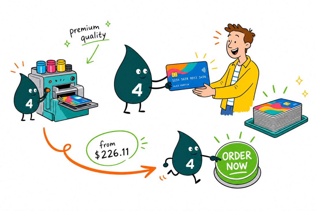 Wally the 4OVER4 mascot handing a glossy plastic credit card with a magnetic stripe across a counter to a happy customer, teal hand-drawn line art.