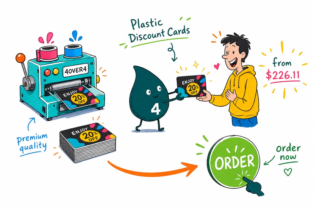 Wally the 4OVER4 mascot handing over a glossy white 30mil plastic discount card with a magnetic stripe and a scratch-off PIN, priced from $226.11 for 250, teal hand-drawn line art.
