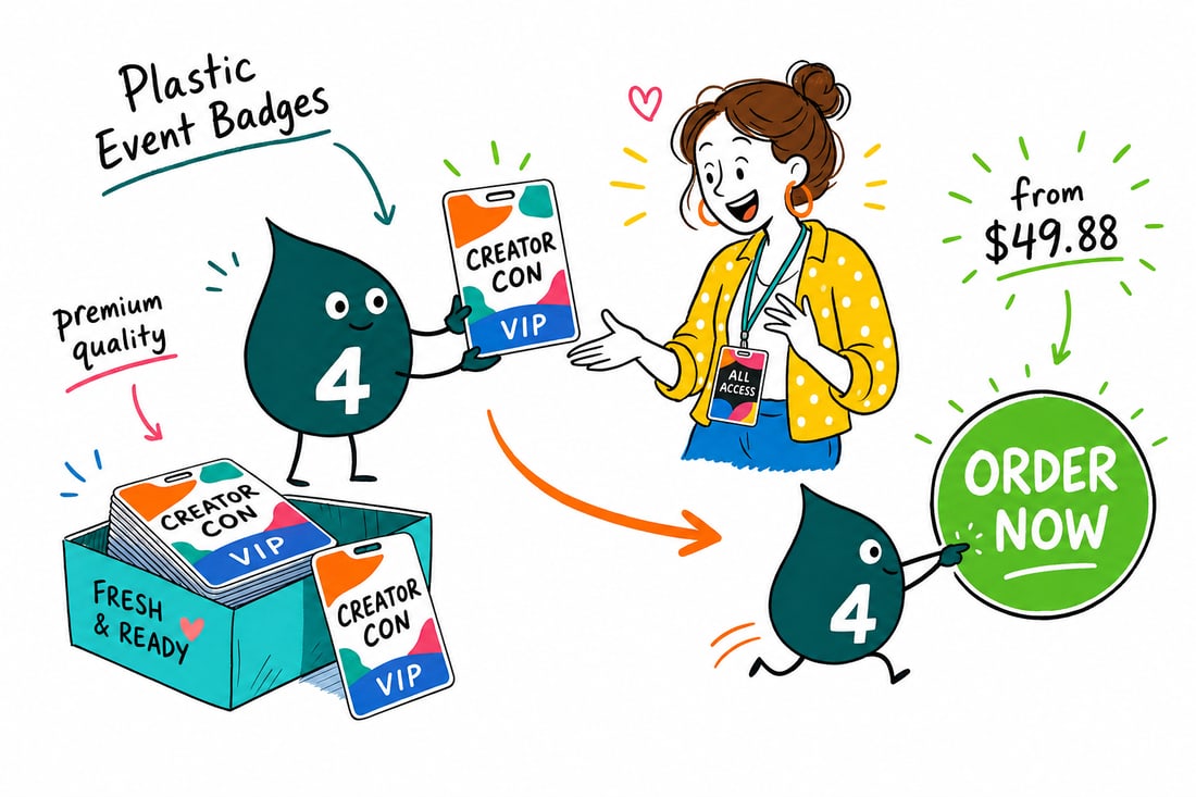 Wally the 4OVER4 mascot clipping a plastic event badge onto a lanyard for an attendee at a conference check-in desk, priced from $49.88, teal hand-drawn line art.