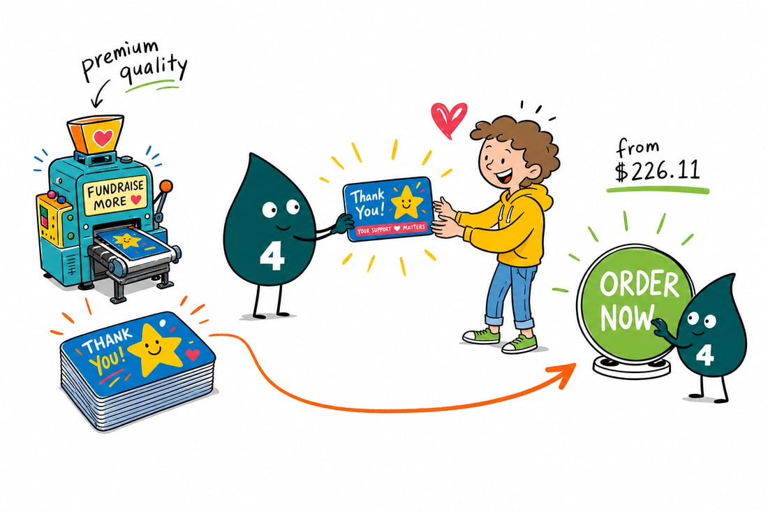 Wally the 4OVER4 mascot handing a durable plastic fundraising card, priced at $226.11 for 250, across a table to a smiling supporter, teal hand-drawn line art.