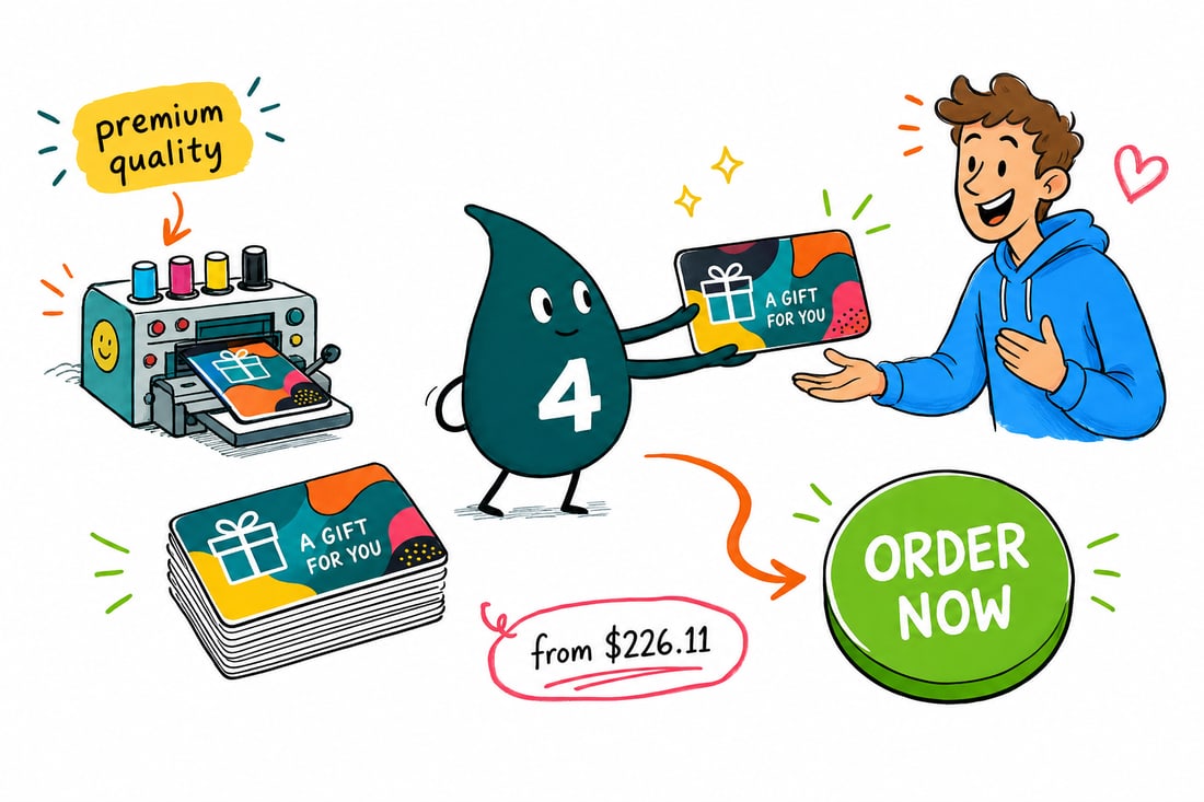 Wally the 4OVER4 mascot handing a shiny plastic gift card printed at 30mil credit-card thickness across a store counter to a happy customer, teal hand-drawn line art.