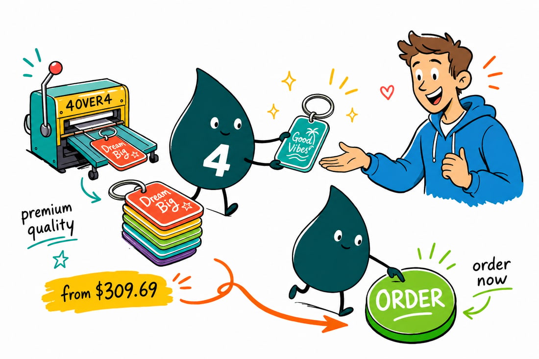Wally the 4OVER4 mascot clipping a full-color plastic key tag with a barcode onto a customer's keyring, teal hand-drawn line art.
