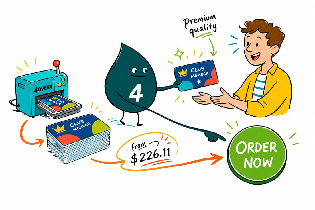 Wally the 4OVER4 mascot handing a glossy plastic membership card with a magnetic stripe across a counter to a happy member, teal hand-drawn line art.