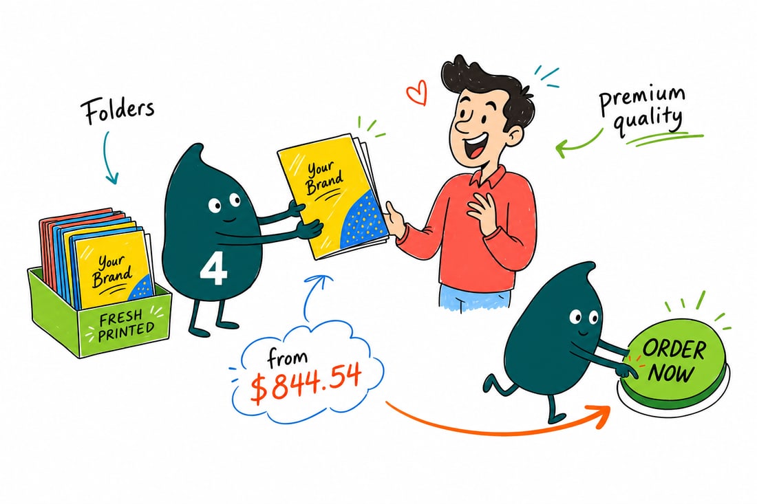 Wally the 4OVER4 mascot holding open a printed plastic presentation folder with documents and a business card tucked into the pocket, teal hand-drawn line art.