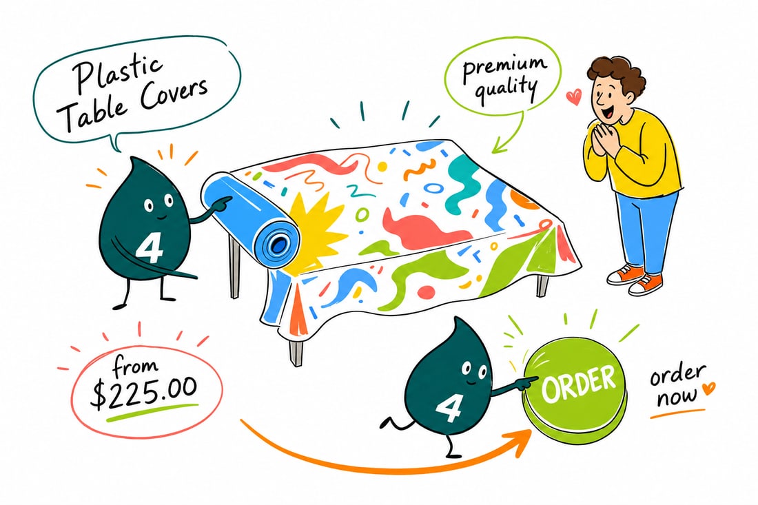 Wally the 4OVER4 mascot draping a printed plastic table cover over a trade show table sized for a 6-foot table, teal hand-drawn line art.