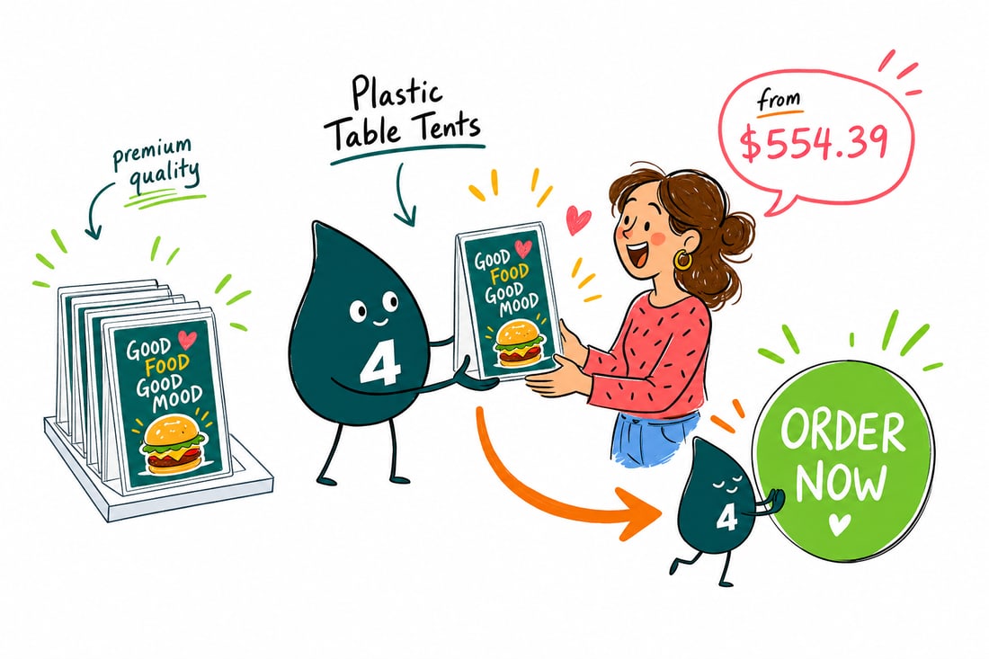 Wally the 4OVER4 mascot standing a folded plastic table tent on a restaurant table, printed full color with a glossy UV shell, teal hand-drawn line art.