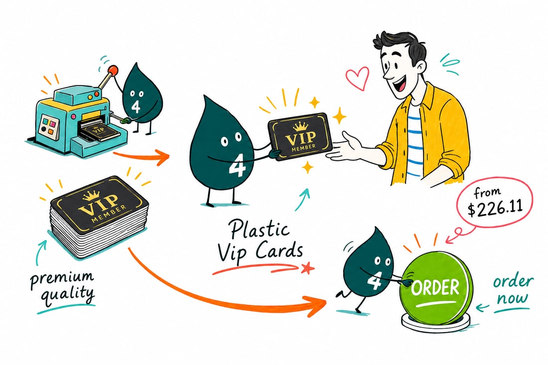 Wally the 4OVER4 mascot handing a glossy 30mil plastic VIP card with a magnetic stripe and gold embossed numbers across a counter to a member, teal hand-drawn line art.