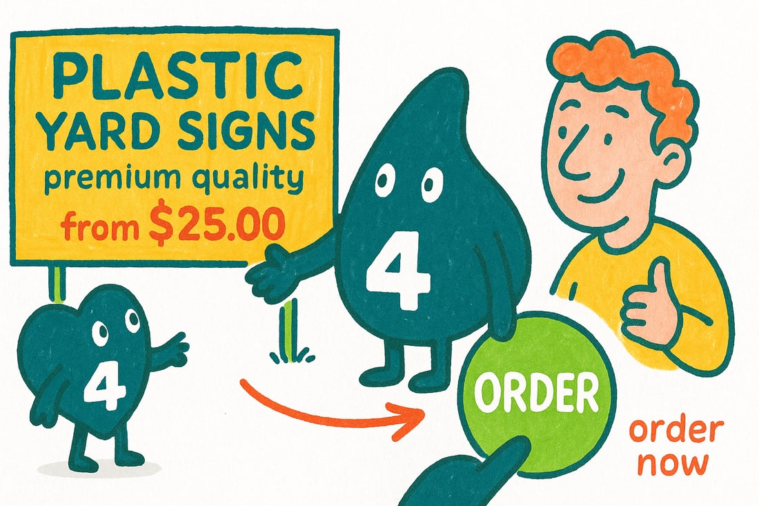 Wally the 4OVER4 mascot pushing an H-stake with a printed 4mm coroplast plastic yard sign into a green lawn, priced at $25, teal hand-drawn line art.