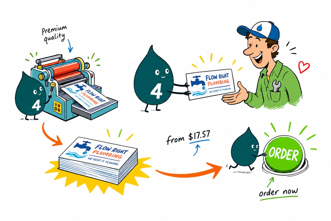Wally the 4OVER4 mascot handing a plumbing business card, priced at $17.57 for 100, across a counter to a happy homeowner, teal hand-drawn line art.