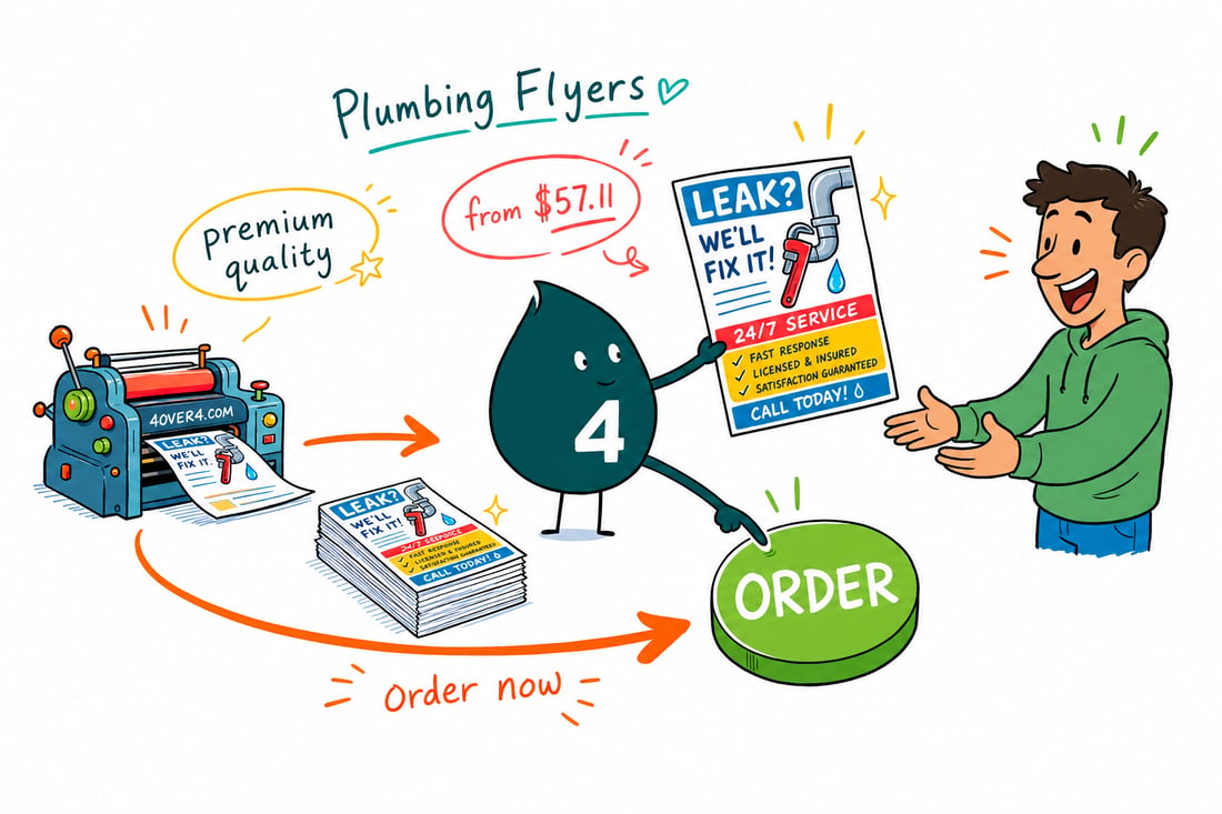 Wally the 4OVER4 mascot handing a bright plumbing flyer, priced at $39.54 for 50, to a homeowner at their front door, teal hand-drawn line art.