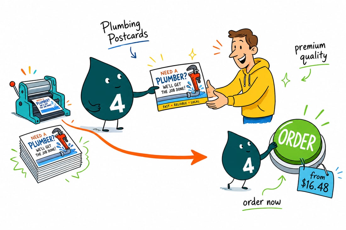 Wally the 4OVER4 mascot handing a full-color plumbing postcard, priced at $16.48 for 50, to a homeowner at their front door, teal hand-drawn line art.