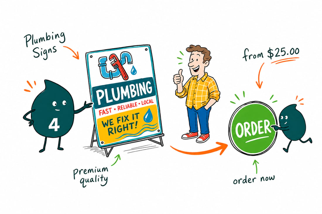 Wally the 4OVER4 mascot holding a freshly printed plumbing sign priced from $25, teal hand-drawn line art.