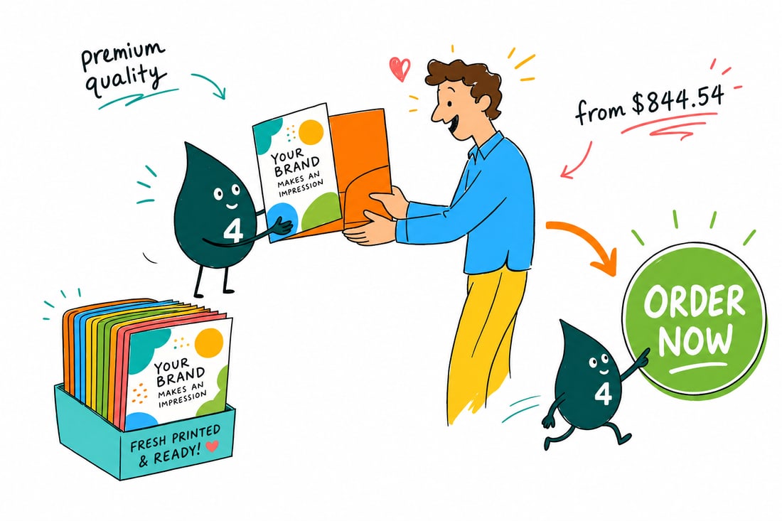 Wally the 4OVER4 mascot handing an open pocket folder, priced at $844.54 for 250, holding documents and a business card, across a counter to a happy customer, teal hand-drawn line art.