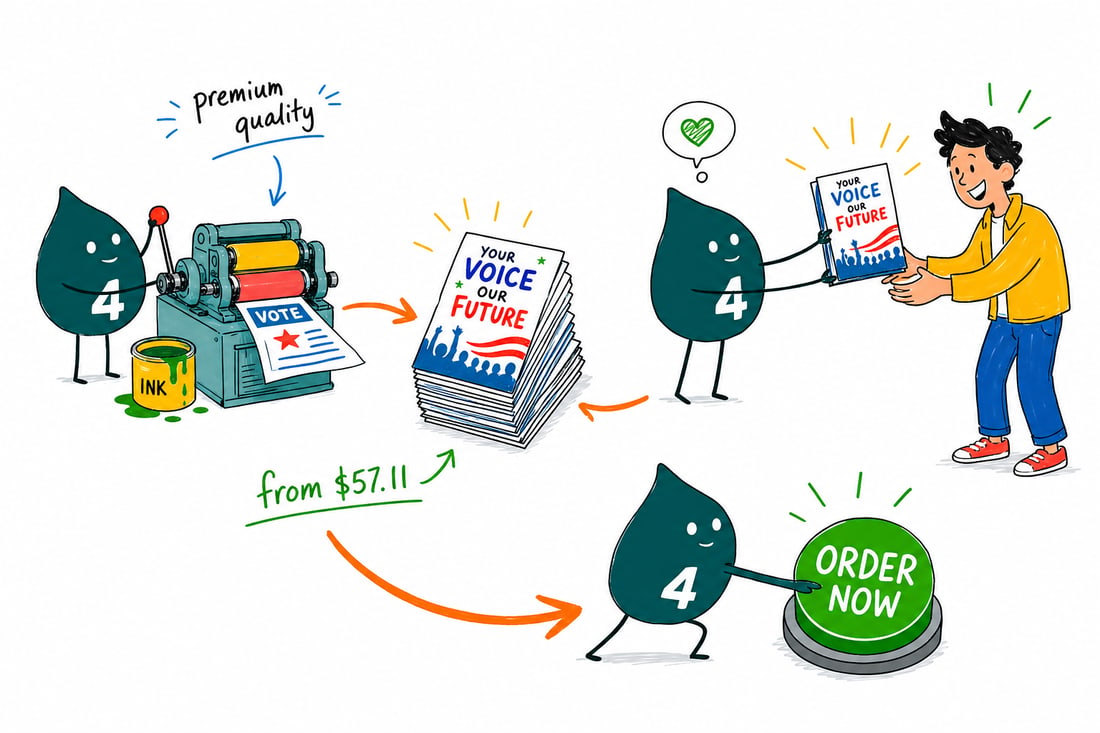 Wally the 4OVER4 mascot handing a folded political brochure, priced from $57.11 for 50, to a voter at the door, teal hand-drawn line art.