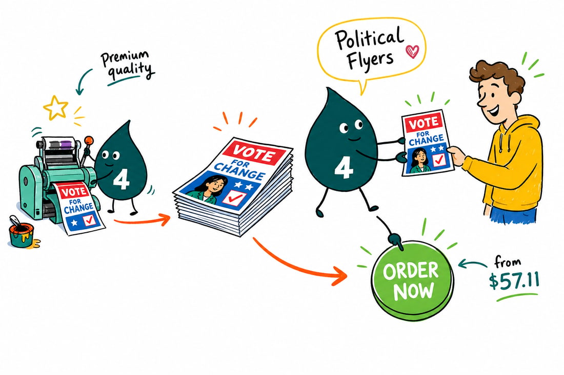 Wally the 4OVER4 mascot handing a stack of full-color political campaign flyers, priced from $39.54 for 50, to a volunteer canvasser at a front door, teal hand-drawn line art.