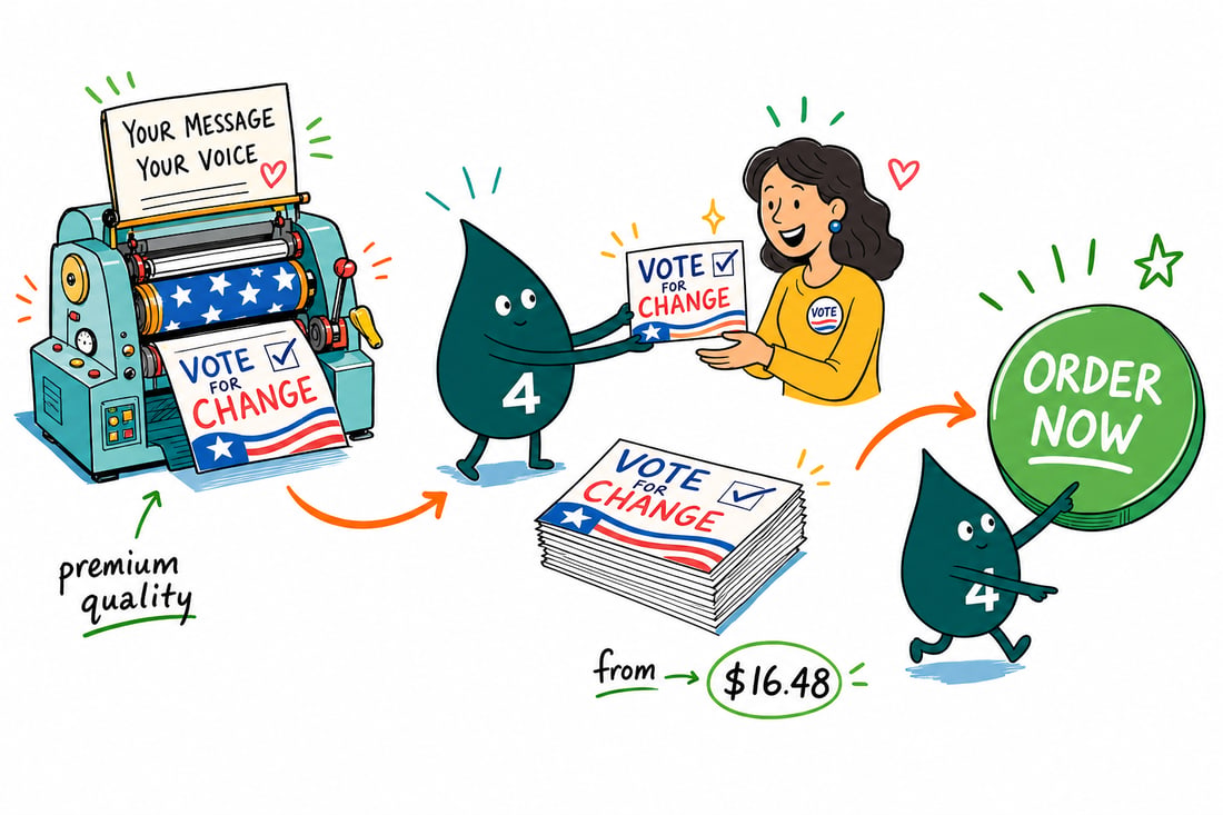 Wally the 4OVER4 mascot handing a full-color political postcard, priced from $16.48 for 50, across a counter to a campaign volunteer, teal hand-drawn line art.