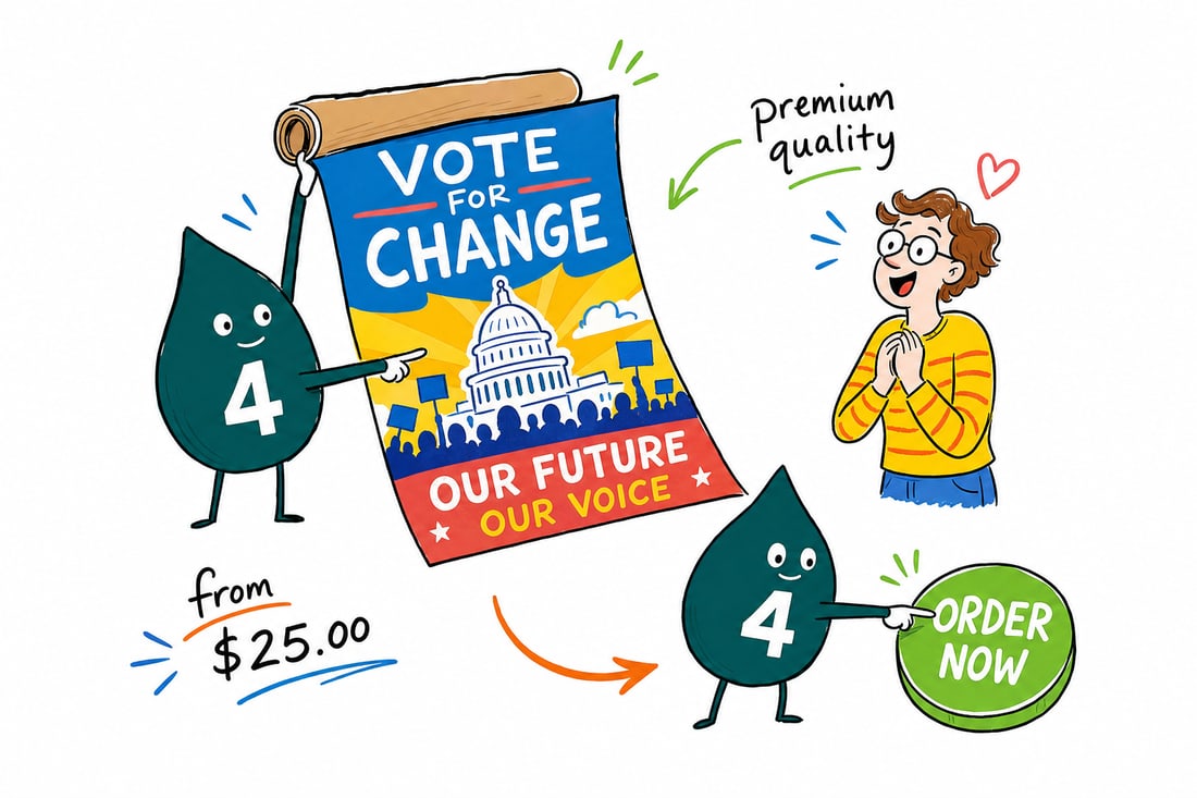 Wally the 4OVER4 mascot with a 4 on his shirt, hanging a full color political campaign poster on a wall, priced from $25, teal hand-drawn line art.