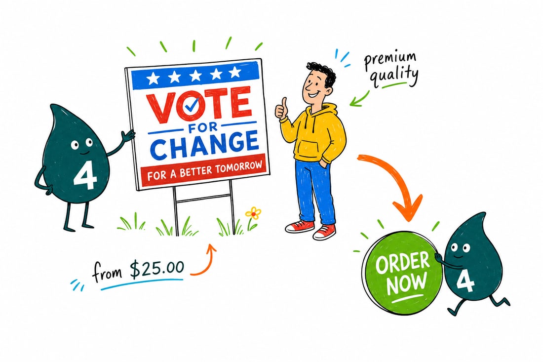 Wally the 4OVER4 mascot planting a 12 by 18 inch political yard sign priced at $25 into a green lawn, teal hand-drawn line art.