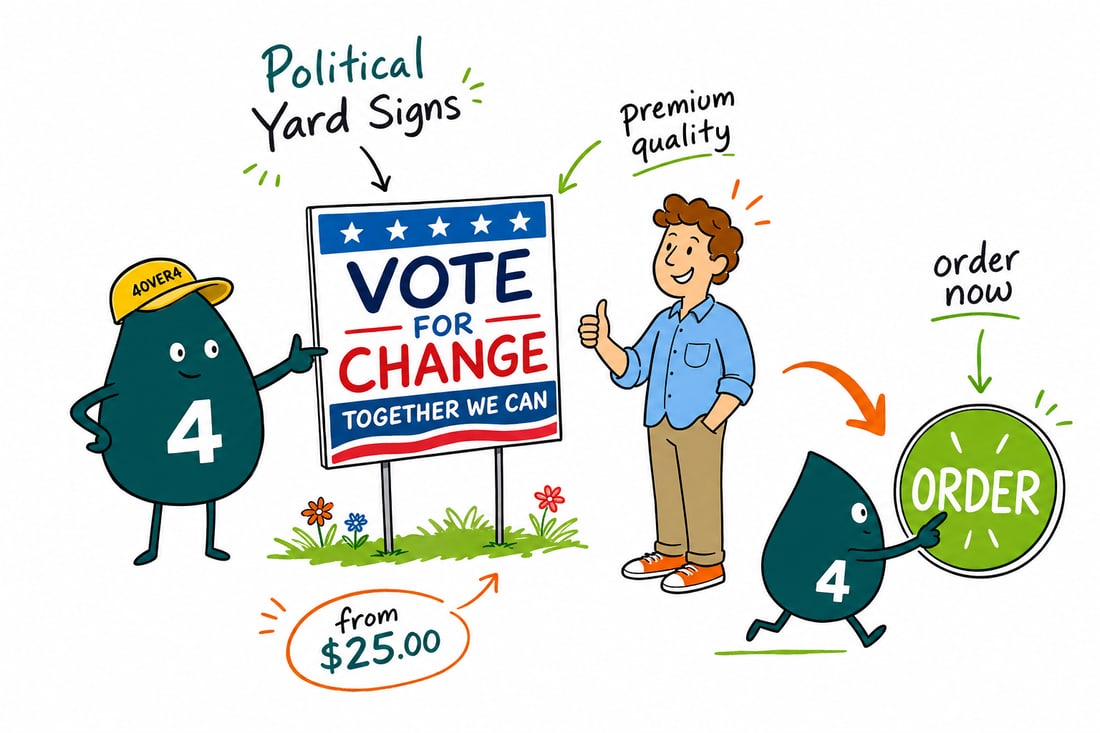 Wally the 4OVER4 mascot pushing a full color political yard sign on a wire ground stake into a green lawn, priced from $25, teal hand-drawn line art.