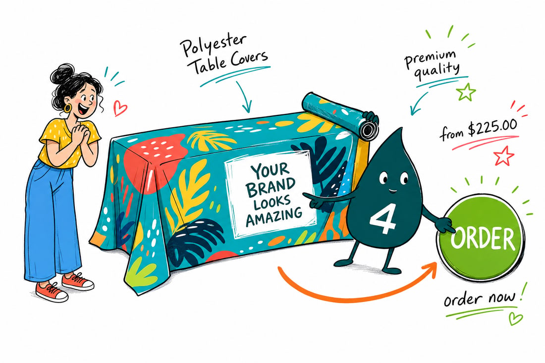 Wally the 4OVER4 mascot draping a branded polyester cover over a trade-show table, priced from $225, teal hand-drawn line art.