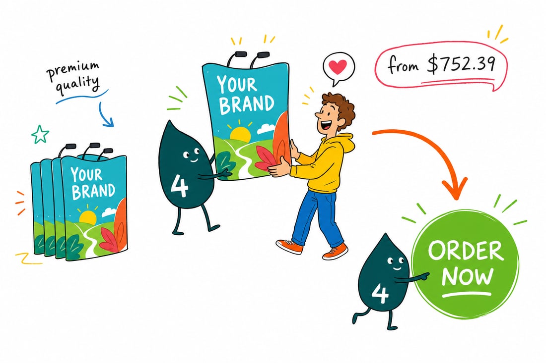 Wally the 4OVER4 mascot popping open a large 8.8oz tension fabric pop up display backdrop at a trade show booth, priced from $752.39, teal hand-drawn line art.